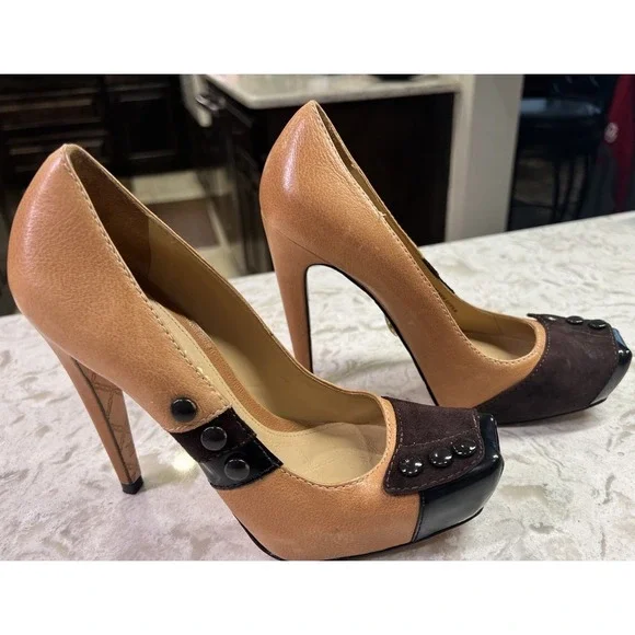 L.A.M.B. Fen tan and brown Leather square Toe Platform Pumps Size 7B